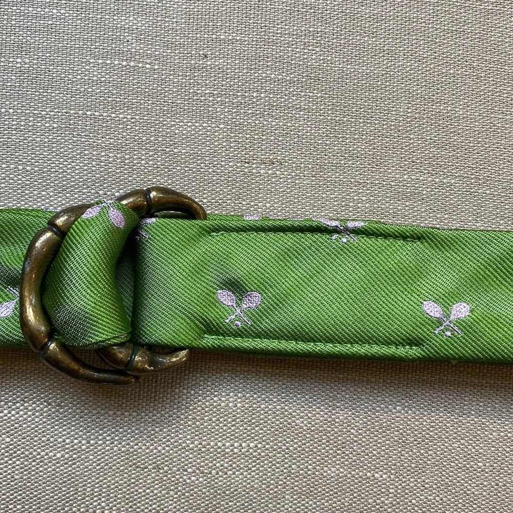 Embroidered Pink Tennis Racquets on Green Silk Belt J Crew - Picture 4 of 5